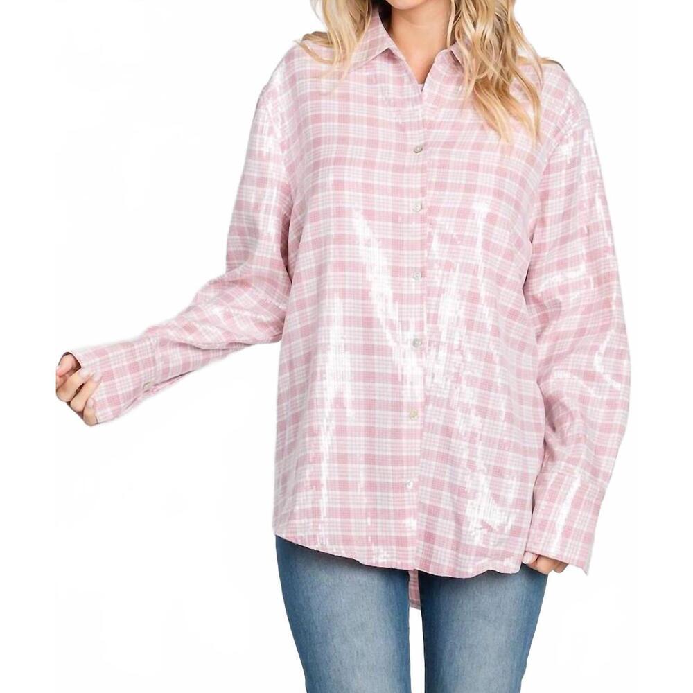 NEW GEEGEE pretty in plaid sequin button down in pink